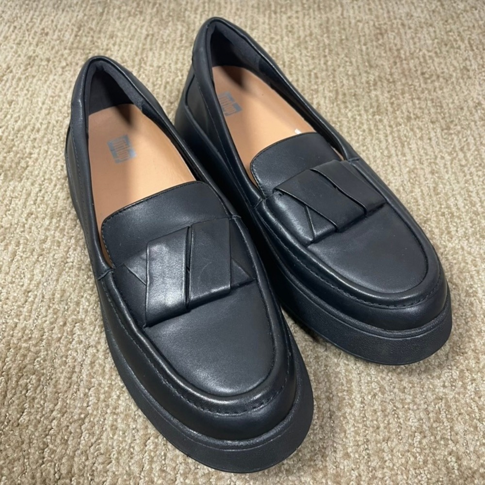 FitFlop F-Mode Platform Loafers Womens 9 Black Leather Comfort Contemporary Chic
